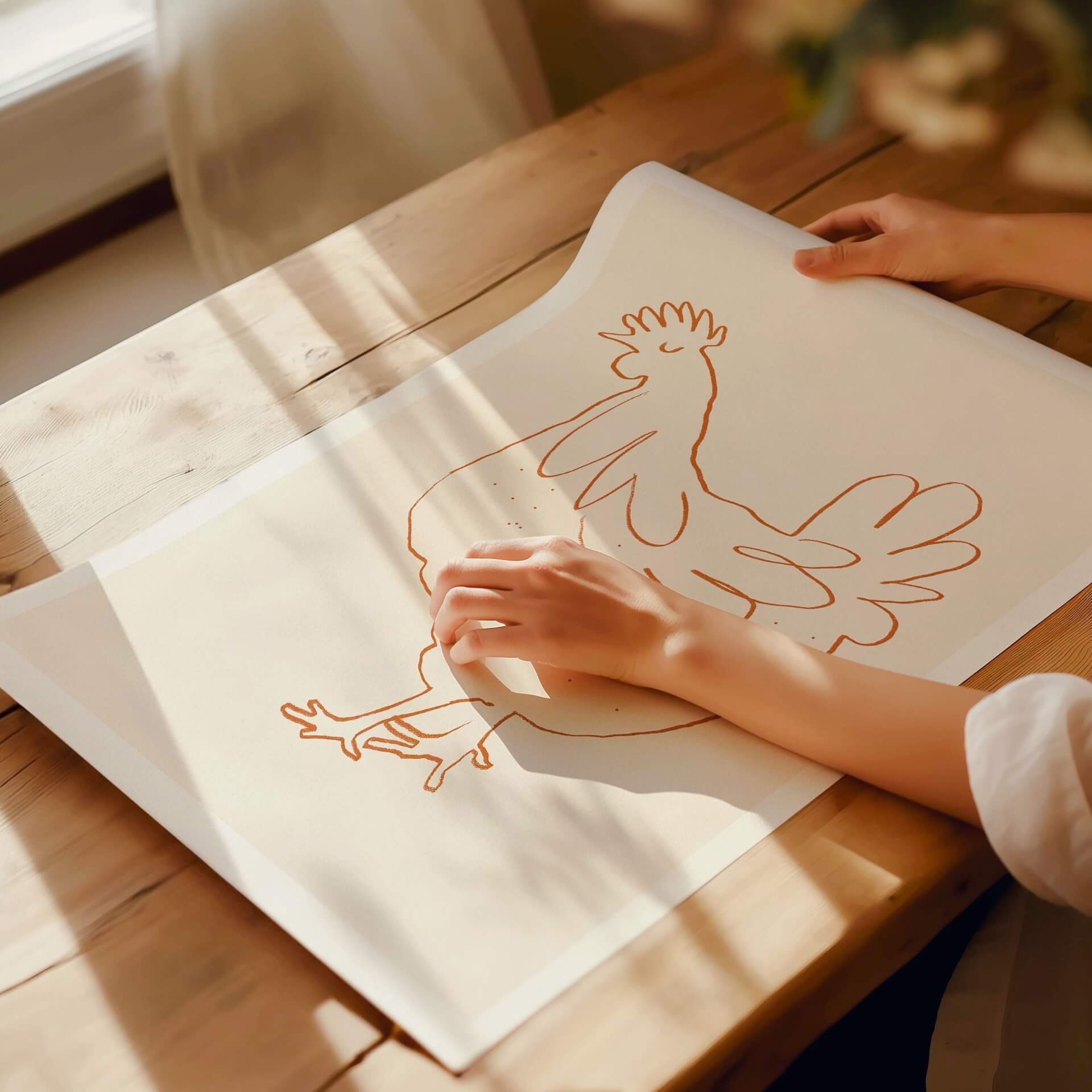 french hen giclee art print on pine wood plank table in woman hands