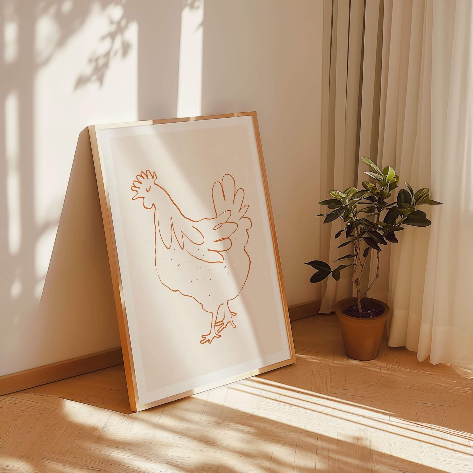 french hen fine art print in pine wood frame by terracotta pot