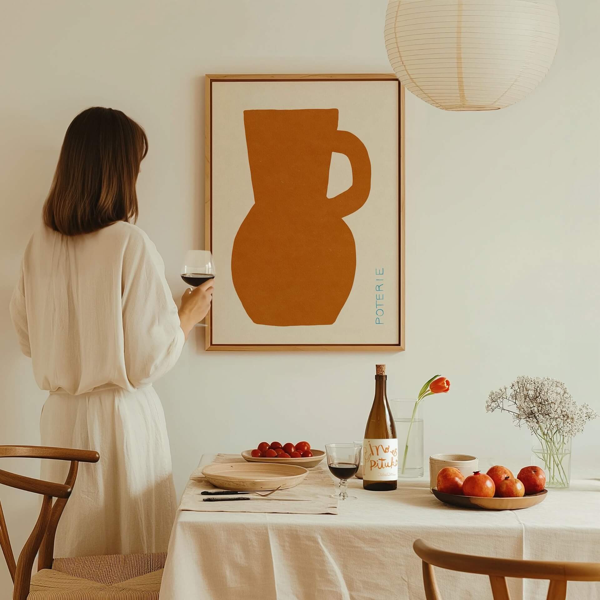 pottery art print of terracotta red vase in dining room