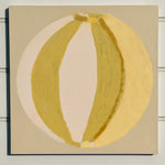 Green, cream, yellow abstract painting of summer beach ball on reinforced plywood panel by contemporary Cornwall Artist Mila May.