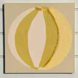 Green, cream, yellow abstract painting of summer beach ball on reinforced plywood panel by contemporary Cornwall Artist Mila May.