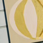 Green, cream, yellow abstract painting of summer beach ball on reinforced plywood panel by contemporary Cornwall Artist Mila May.