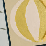 Green, cream, yellow abstract painting of summer beach ball on reinforced plywood panel by contemporary Cornwall Artist Mila May.