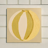 Green, cream, yellow abstract painting of summer beach ball on reinforced plywood panel by contemporary Cornwall Artist Mila May.