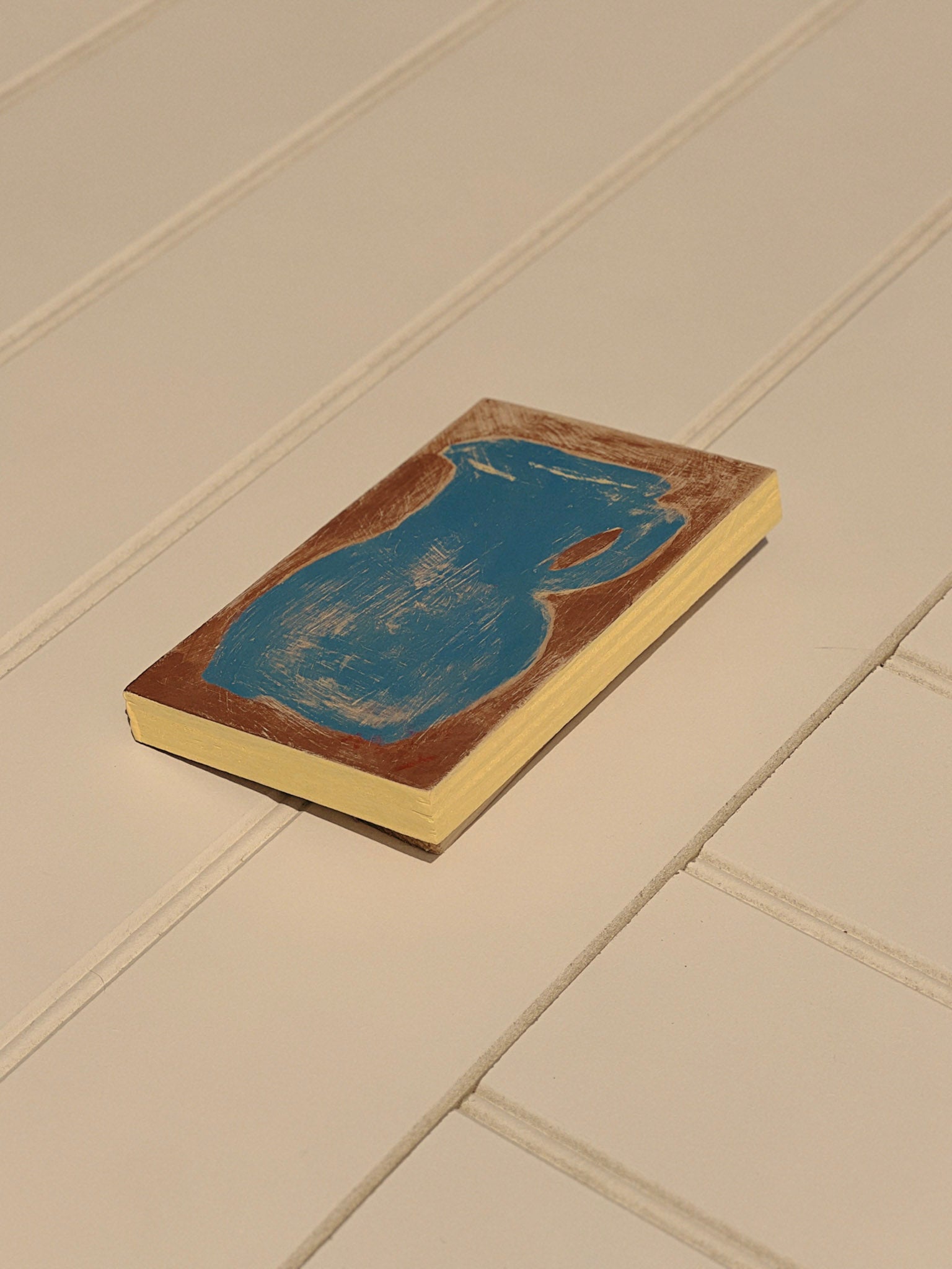 Original painting of blue jug, hand painted and sanded on plywood panel, finished with warm acrylic butter yellow.