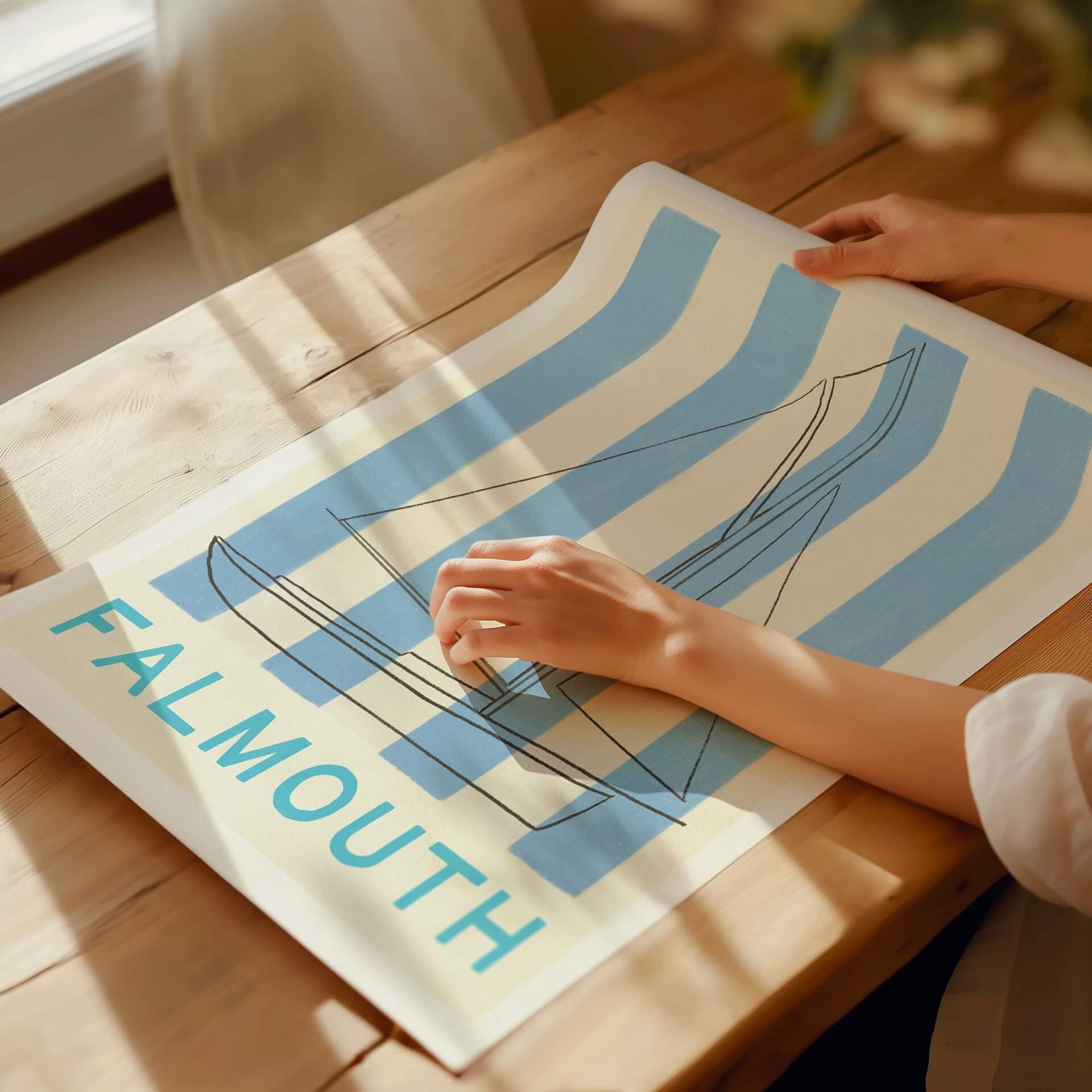 falmouth art print unrolled international postage on old wood table