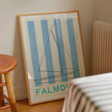 madsunsea blue white stripe linen falmouth working boat art print in pine wood frame