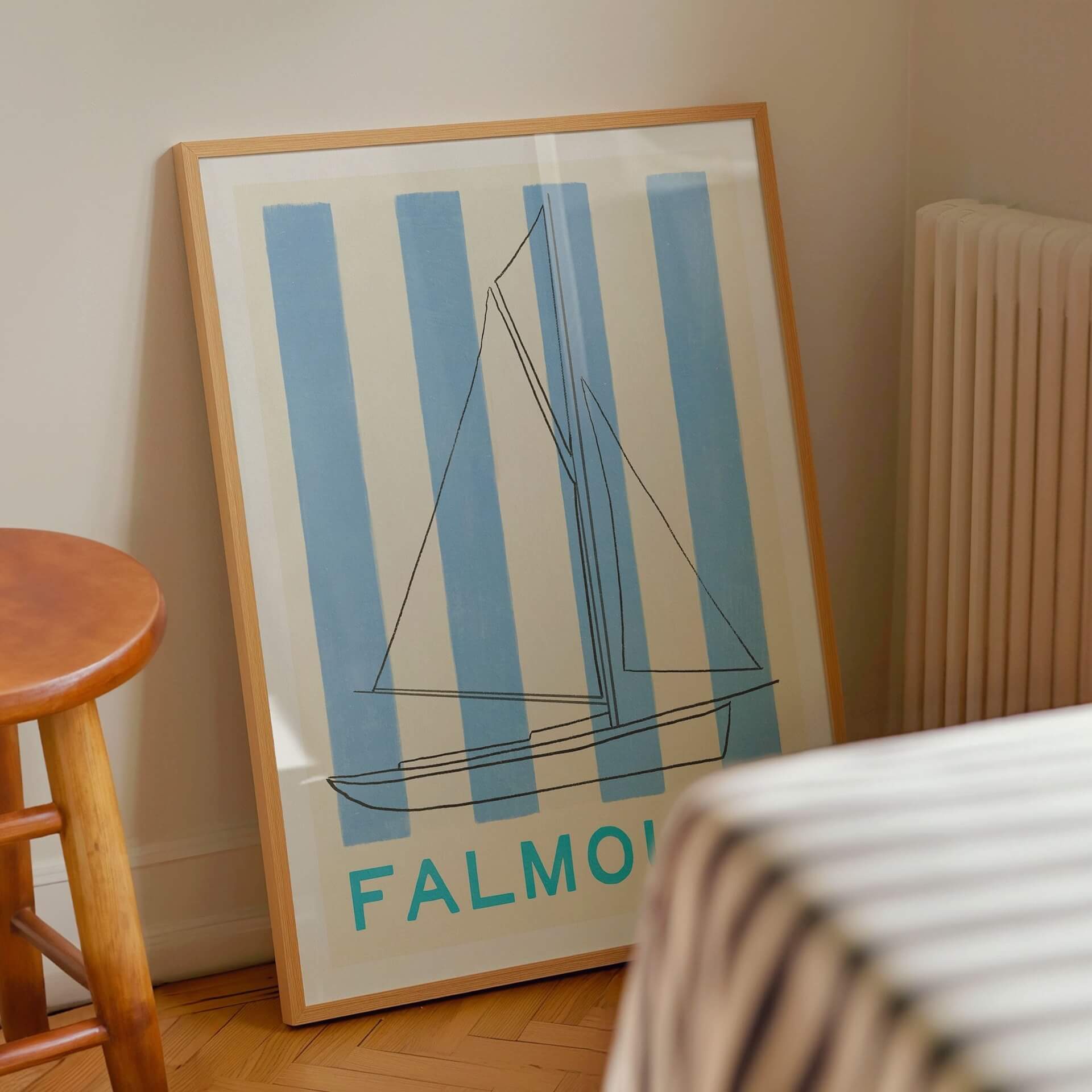 madsunsea blue white stripe linen falmouth working boat art print in pine wood frame