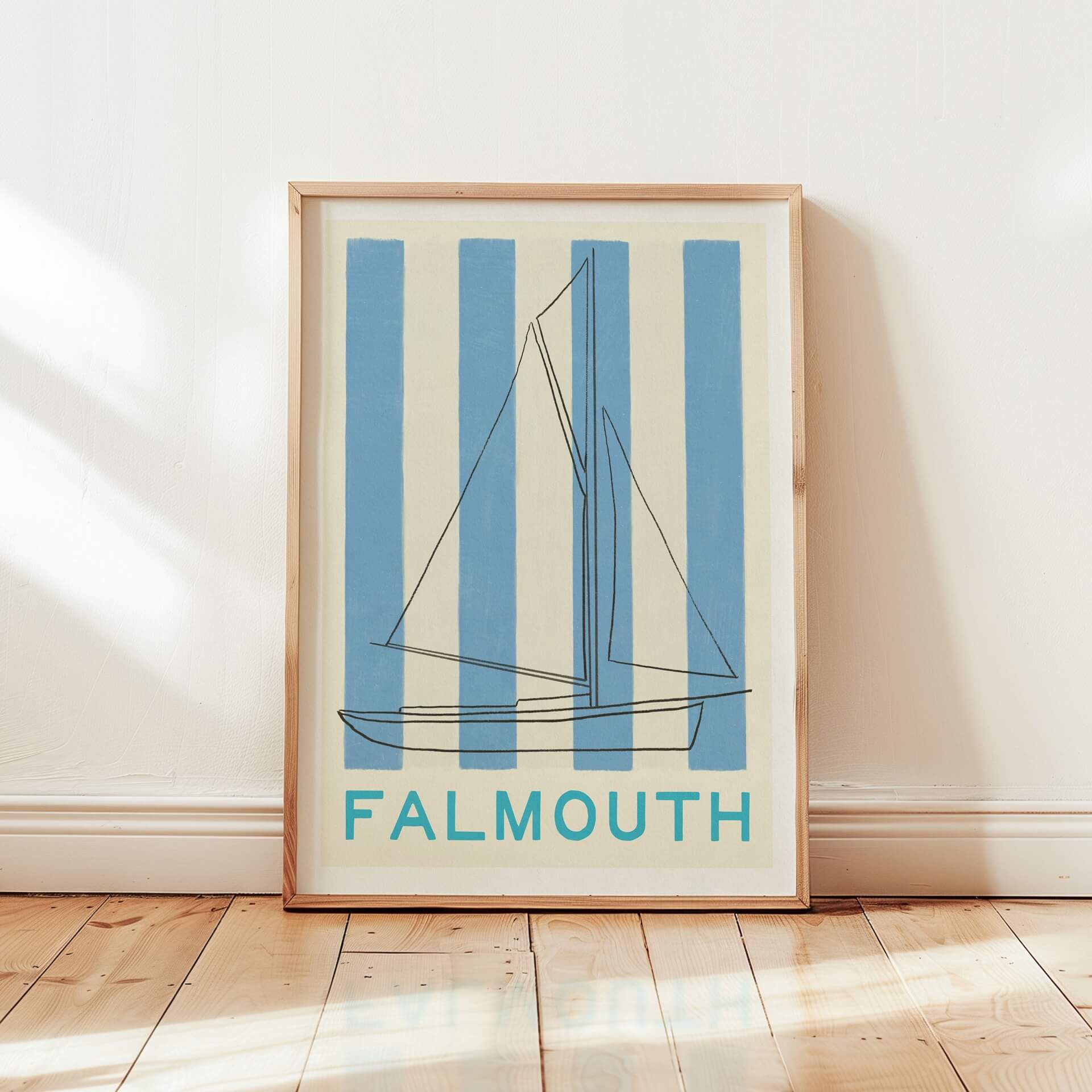 falmouth blue white stripe large art print in bright room and pine wood frame