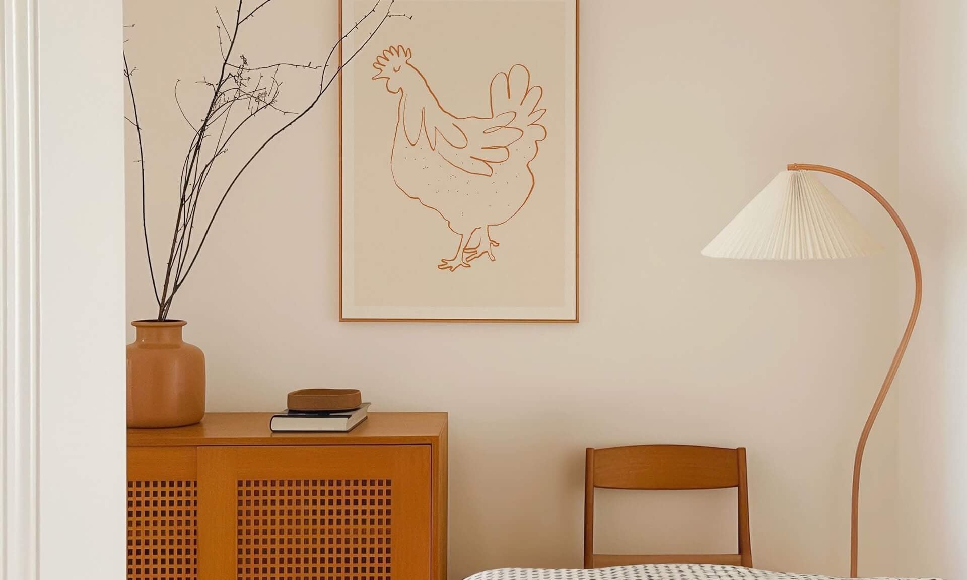french hen fine art print in Mediterranean bedroom soft warm colours 