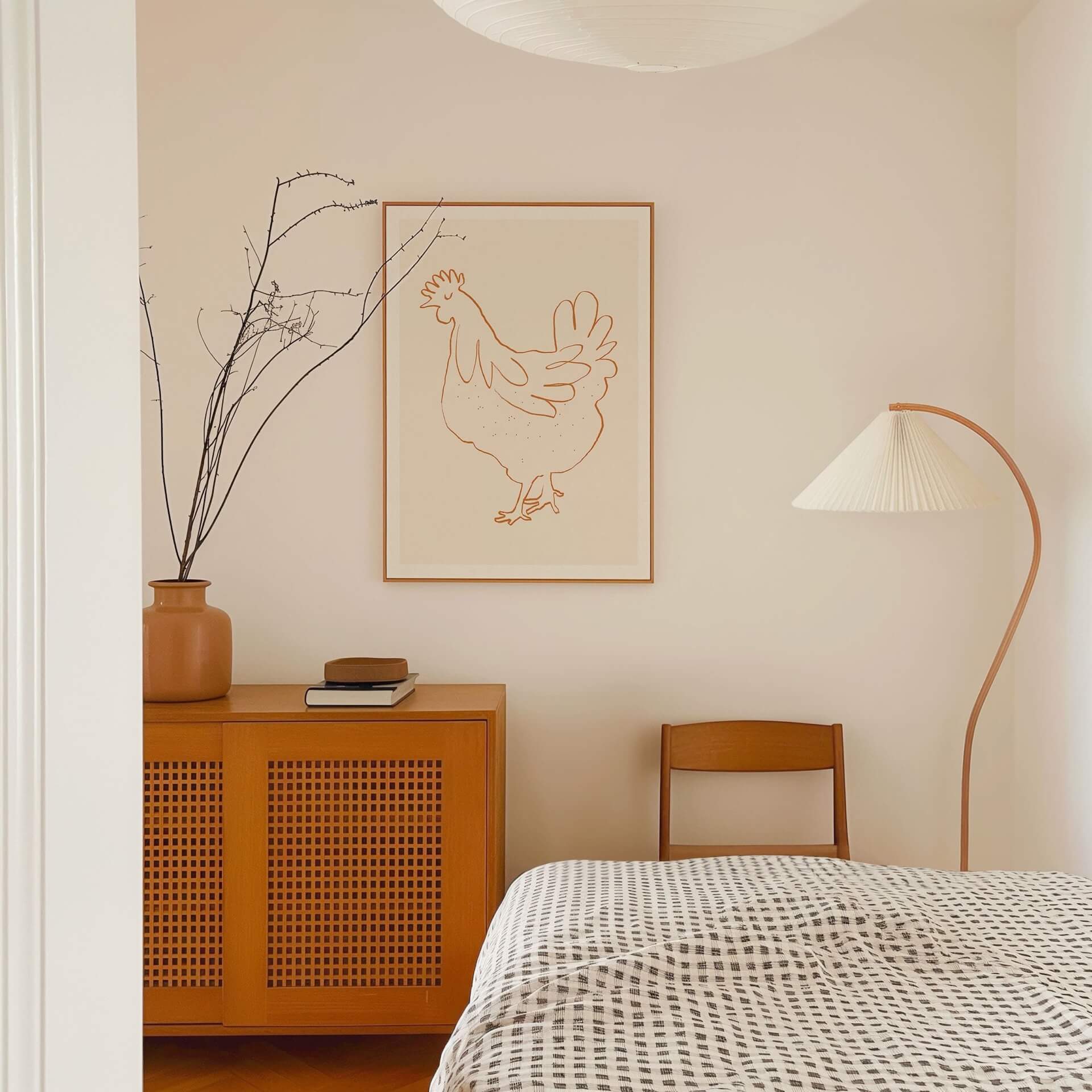 french hen fine art print in Mediterranean bedroom soft warm colours 