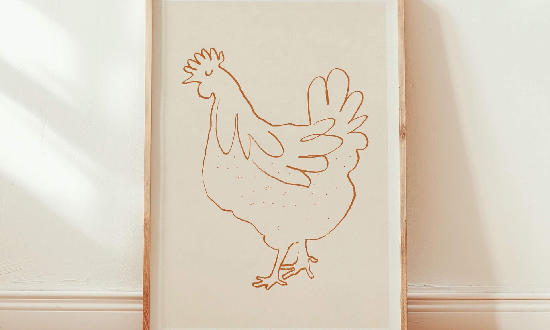 french hen fine art print in pine wood frame in living room