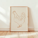 french hen fine art print in pine wood frame in living room