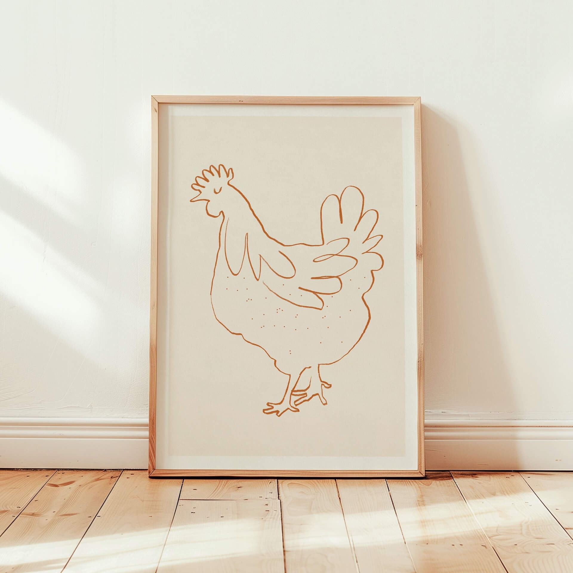 french hen fine art print in pine wood frame in living room