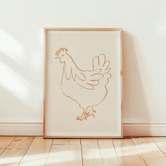 french hen fine art print in pine wood frame in living room