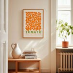 hot cherry tomato art print with bold taylor penton birdie font in pine wood frame