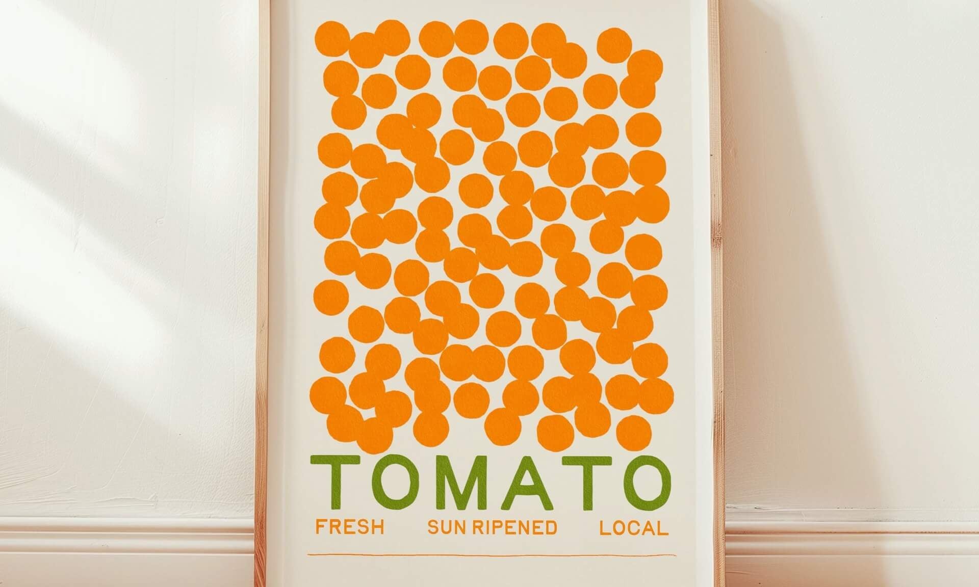 hot cherry tomato art print with taylor penton birdie type in pine wood frame in warm sunny room