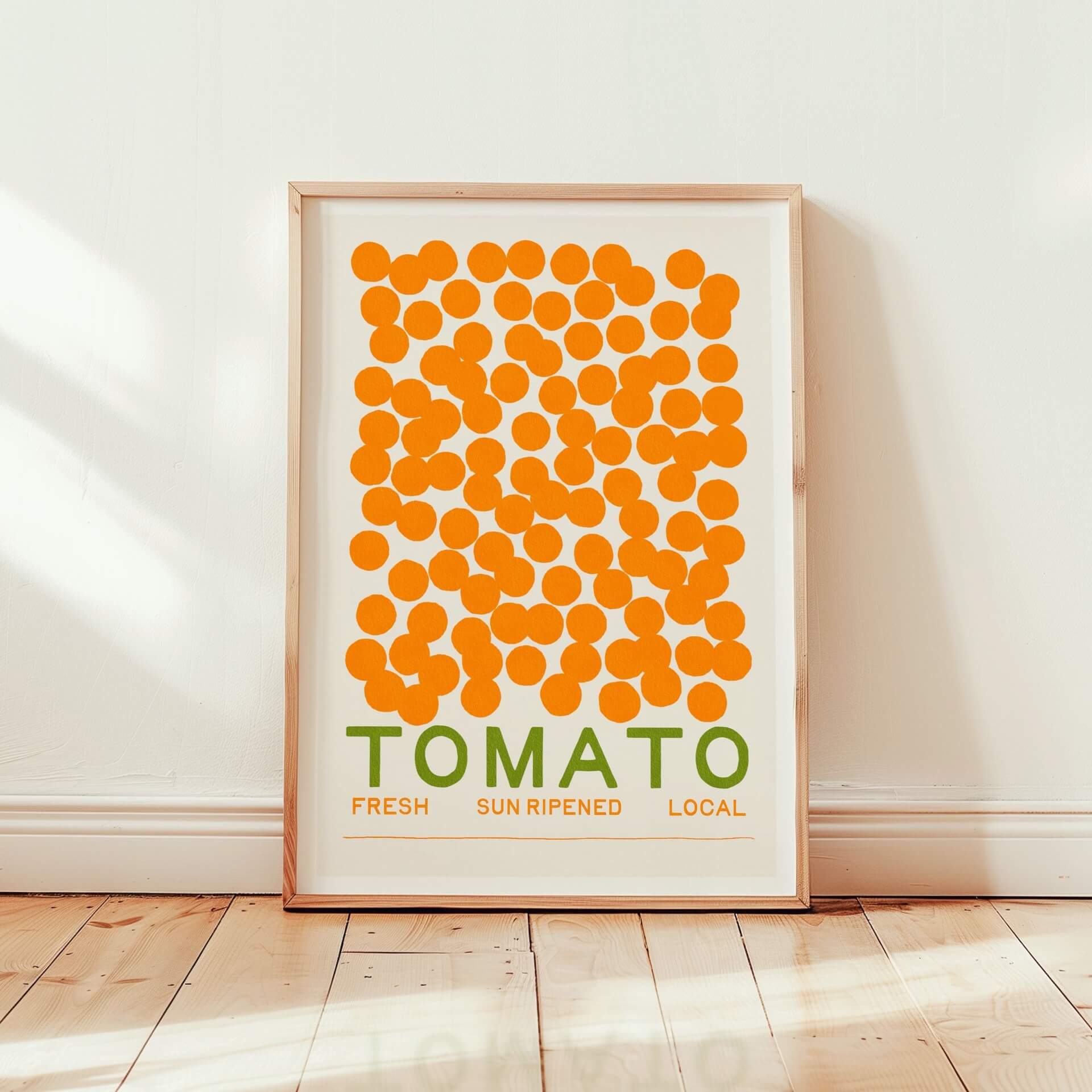 hot cherry tomato art print with taylor penton birdie type in pine wood frame in warm sunny room
