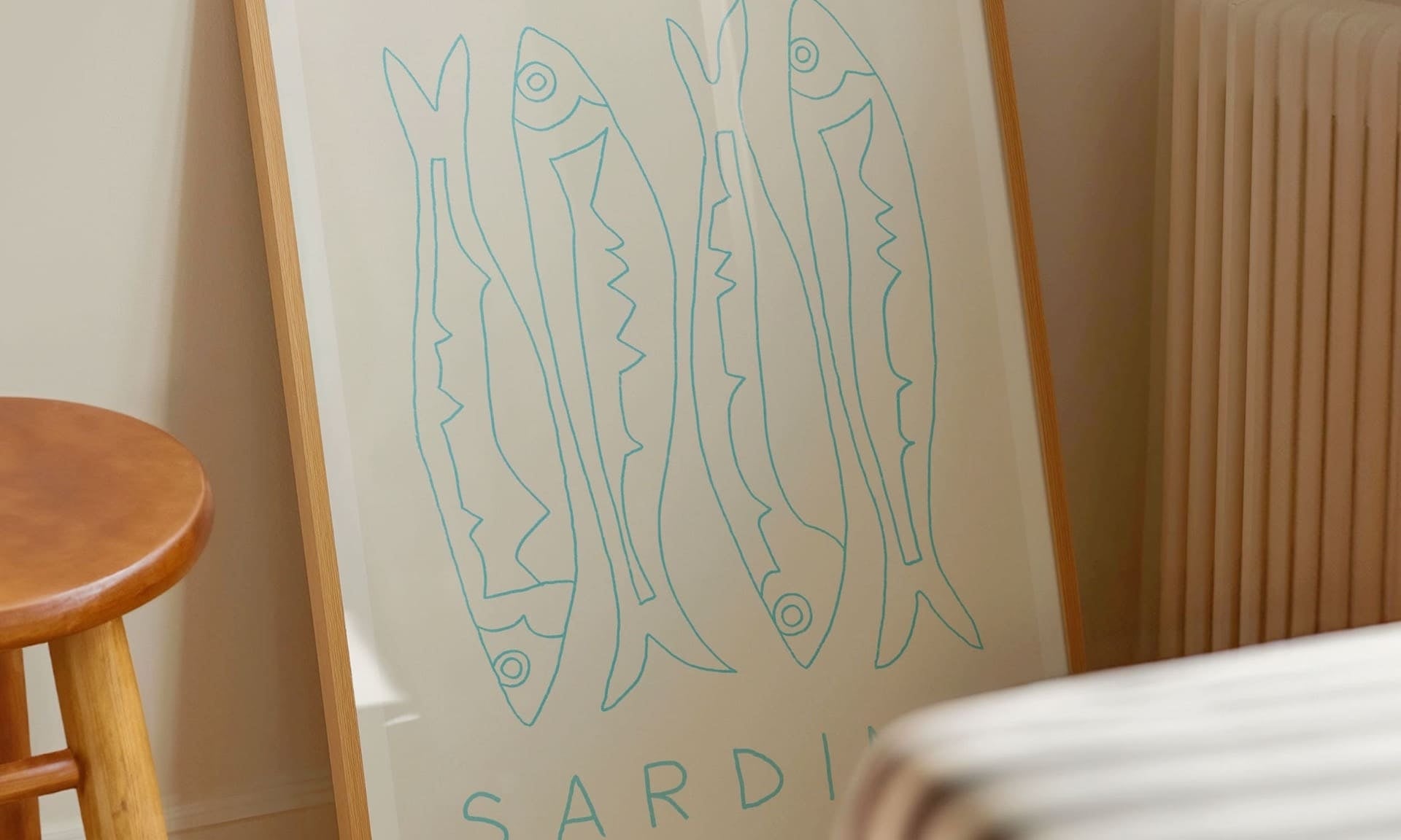 sardines fish art print in pine wood frame with thin white border