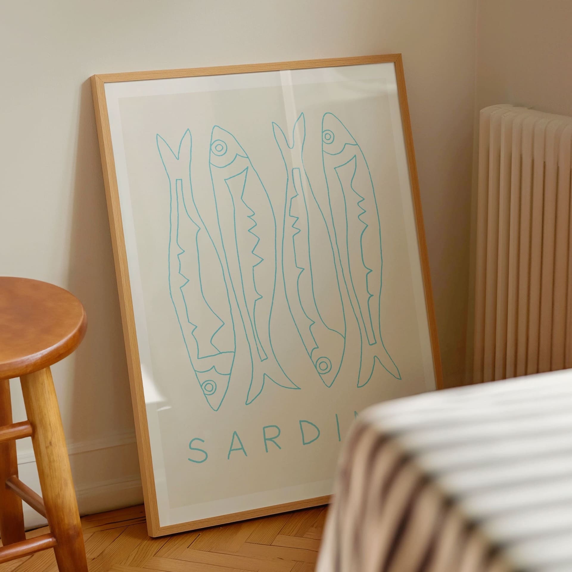 sardines fish art print in pine wood frame with thin white border