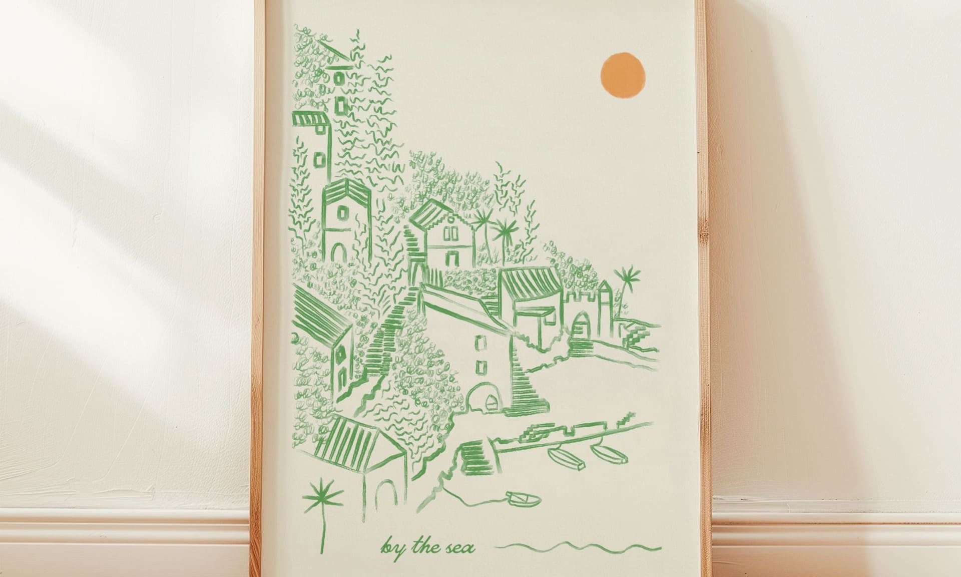 tuscany art print in pine wood frame in warm bright room with butter wood floor