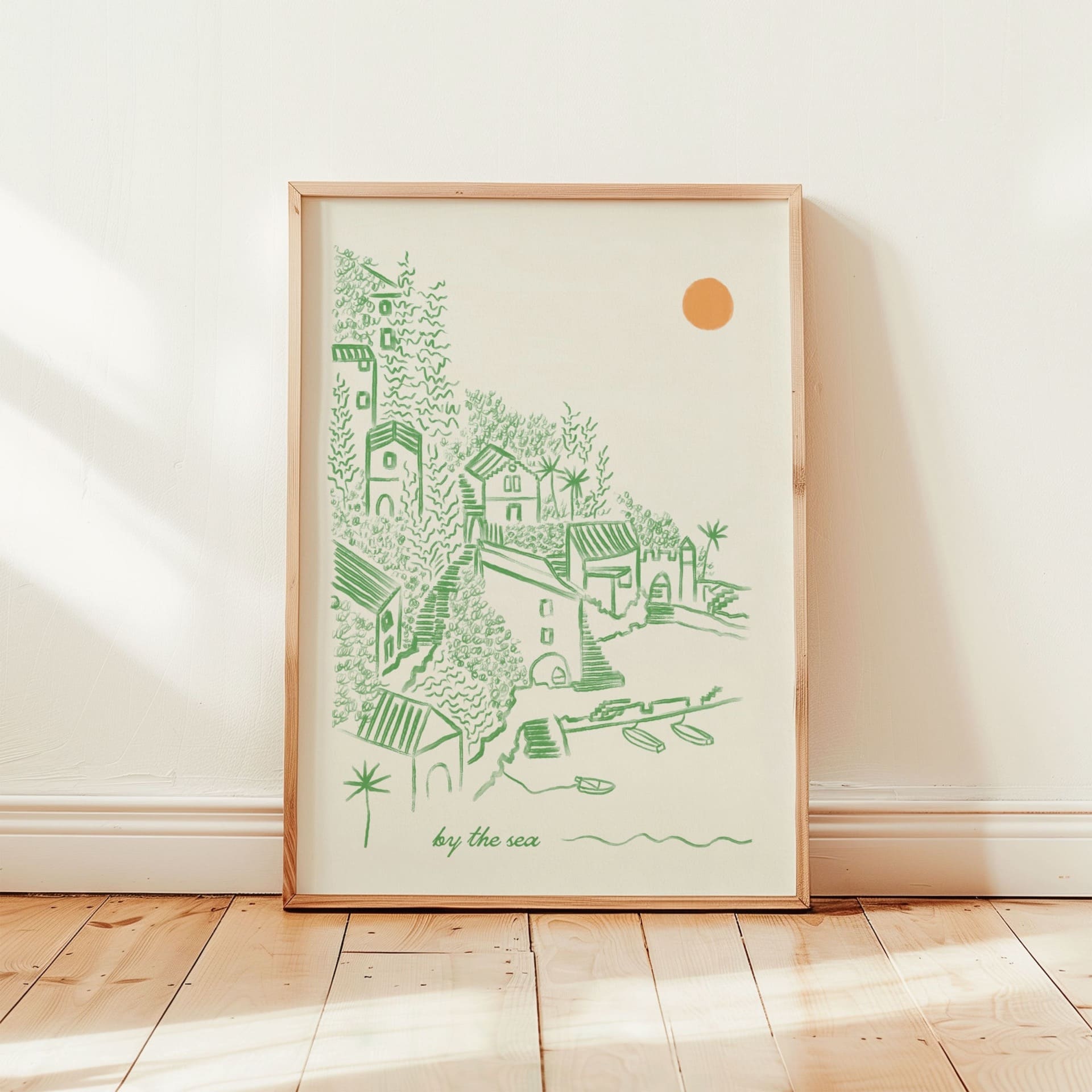 tuscany art print in pine wood frame in warm bright room with butter wood floor